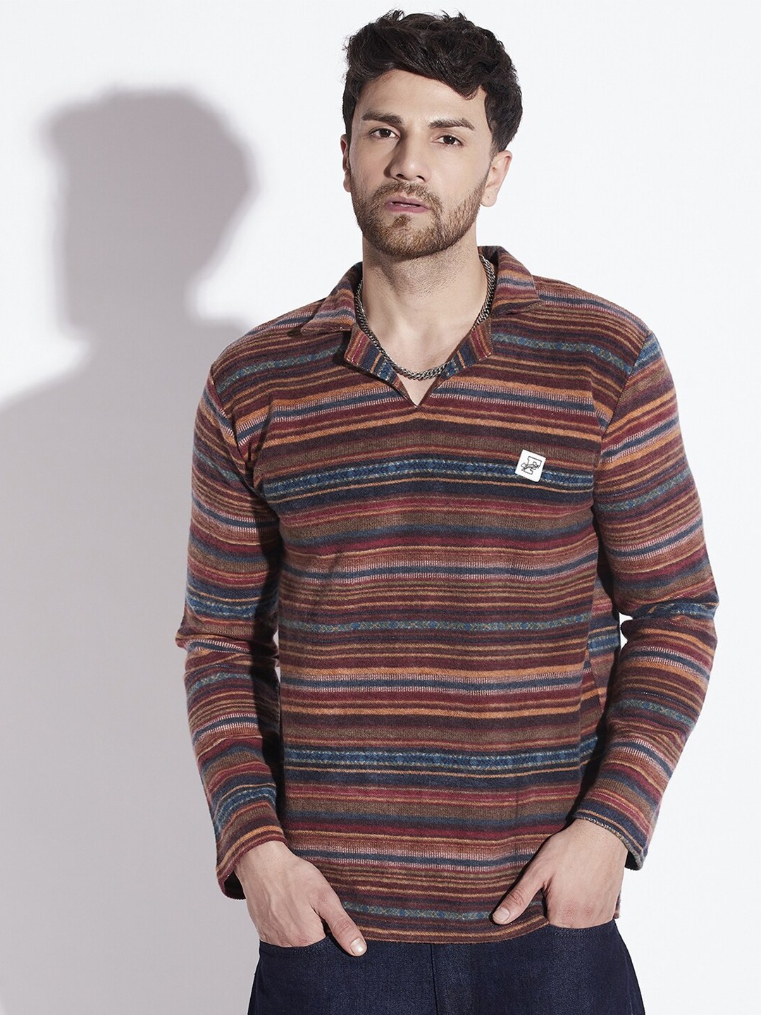

FUGAZEE Striped Cuban Collar Acrylic Pullover, Rust