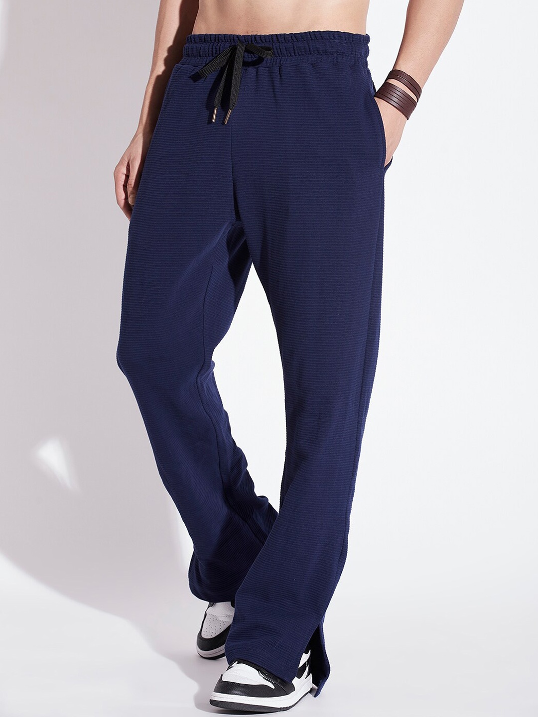 

FUGAZEE Men Navy Blue Relaxed Loose Fit Textured Cotton Easy Wash Trousers