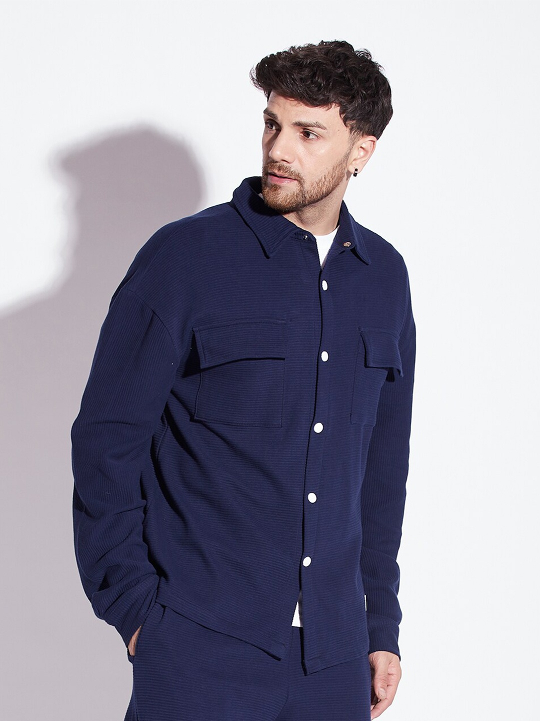 

FUGAZEE Navy Blue Relaxed Oversized Spread Collar Cotton Casual Shirt
