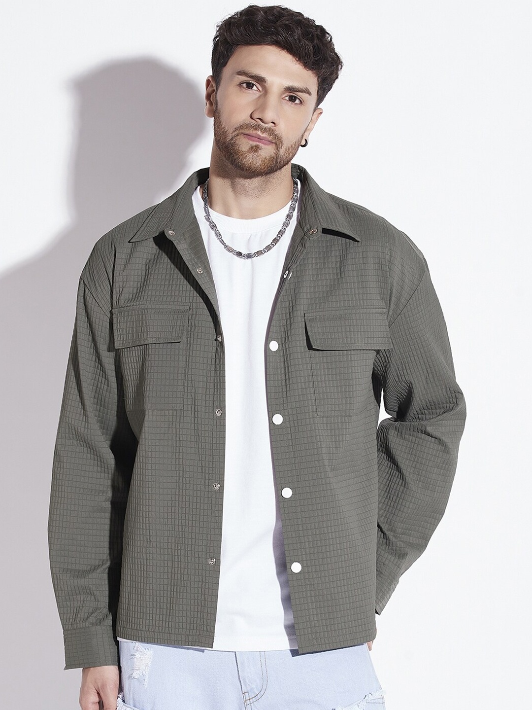 

FUGAZEE Olive Green Relaxed Oversized Spread Collar Cotton Casual Shirt