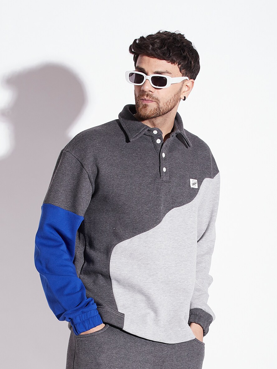 

FUGAZEE Grey & Blue Colourblocked Cotton Shirt Collar Pullover Sweatshirt