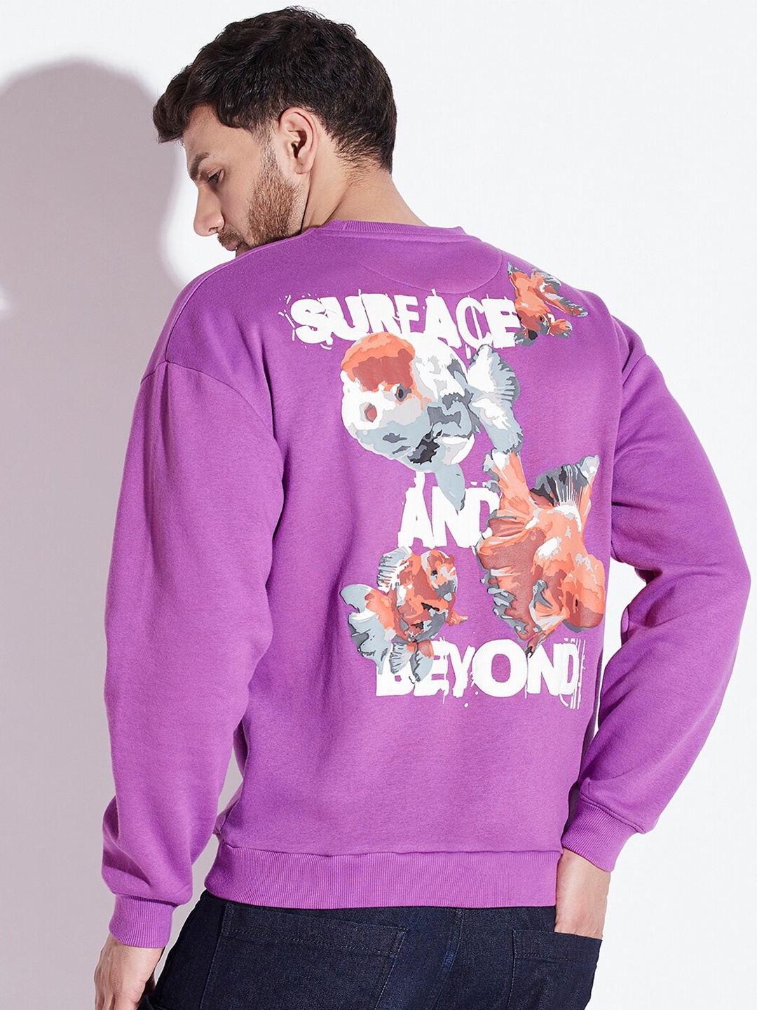 

FUGAZEE Graphic Printed Applique Terry Cotton Oversized Sweatshirt, Purple