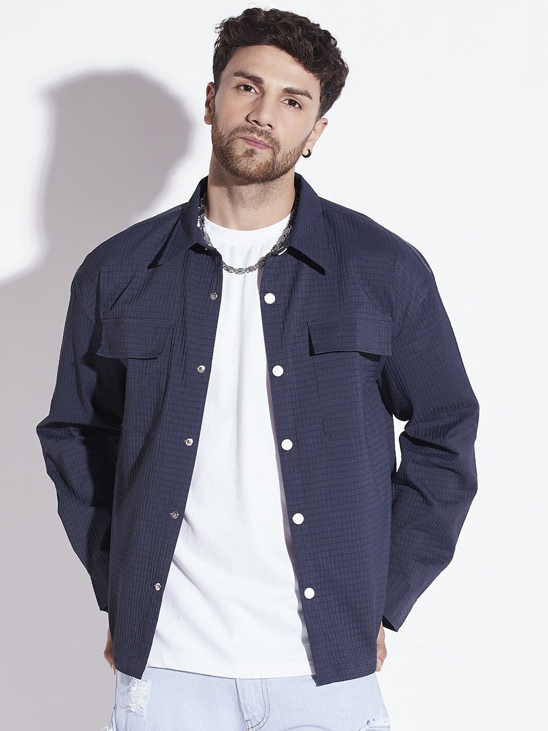

FUGAZEE Men Navy Blue Relaxed Oversized Spread Collar Cotton Casual Shirt