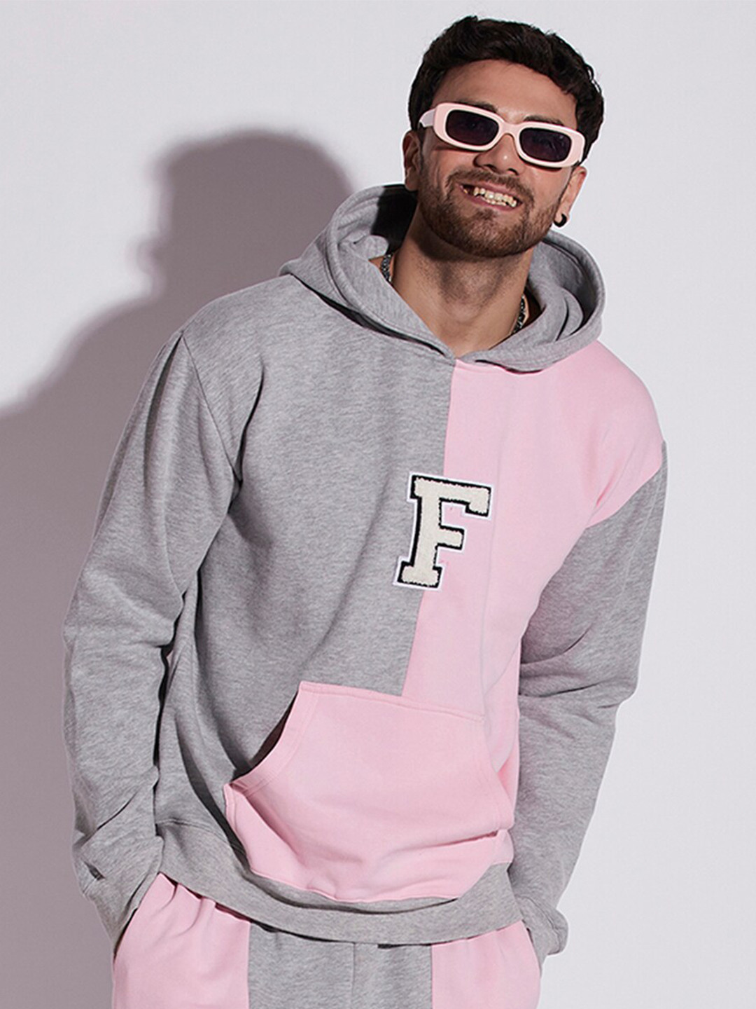 

FUGAZEE Pink & Grey Colourblocked Hooded Cotton Sweatshirt