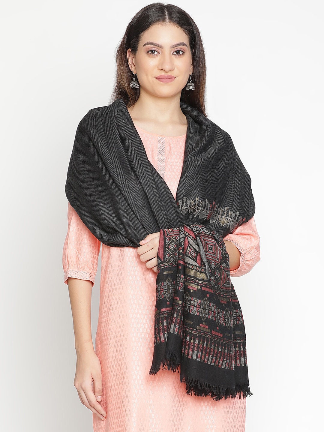 

SHINGORA Ethnic Motifs Woven Design Shawl, Black