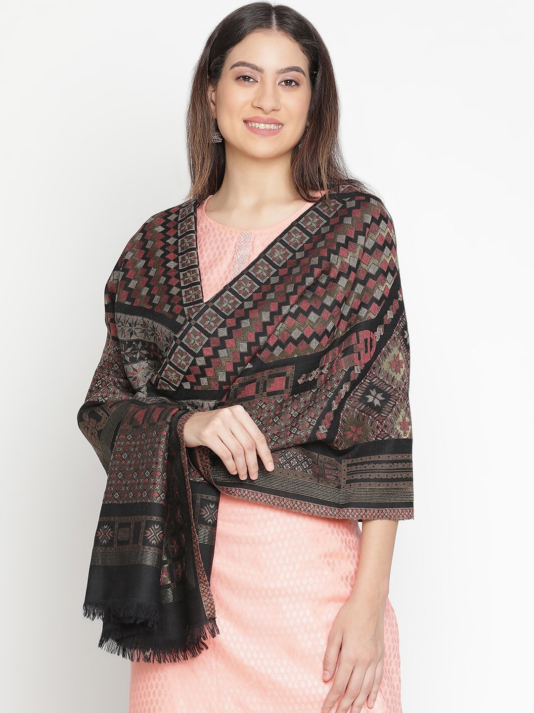 

SHINGORA Geometric Woven Design Pure Wool Shawl, Black