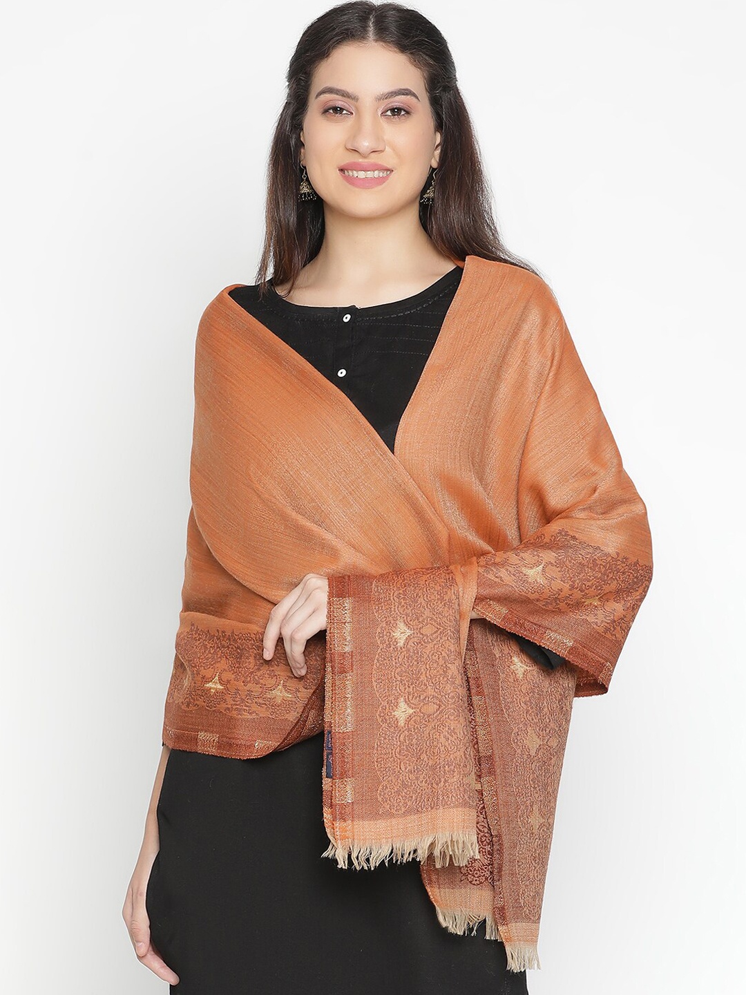 

SHINGORA Ethnic Motifs Woven Design Woollen Shawl, Rust