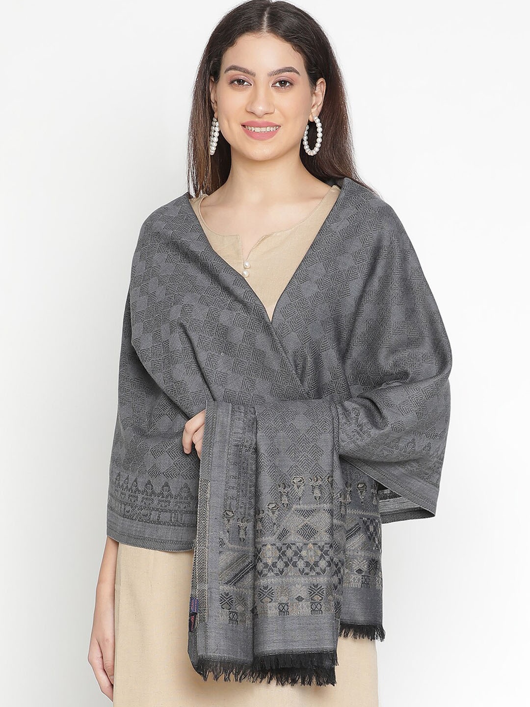 

SHINGORA Geometric Printed Woollen Shawl, Grey