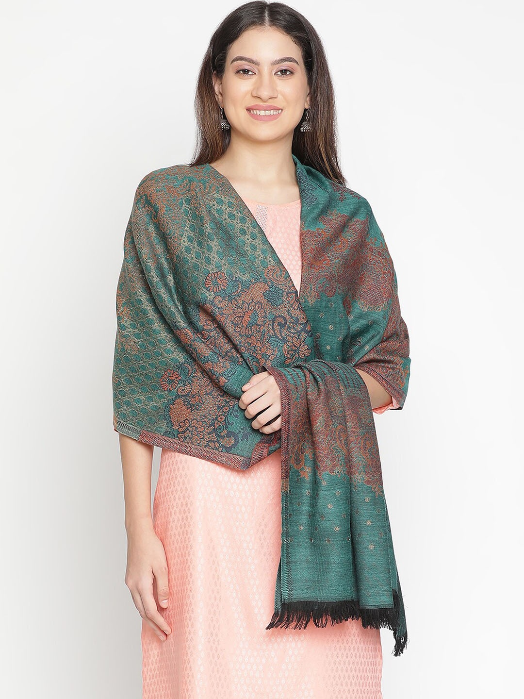 

SHINGORA Ethnic Motifs Woven Design Shawl, Sea green