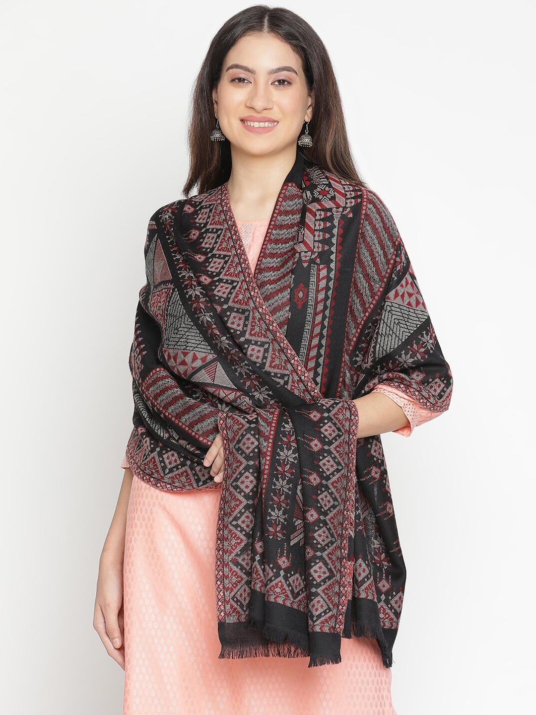 

SHINGORA Ethnic Motifs Woven Design Woolen Shawl, Black