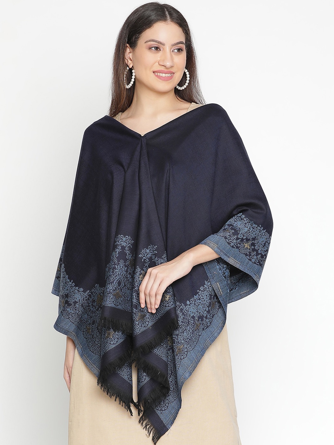 

SHINGORA Floral Woven Design Woolen Shawl, Navy blue