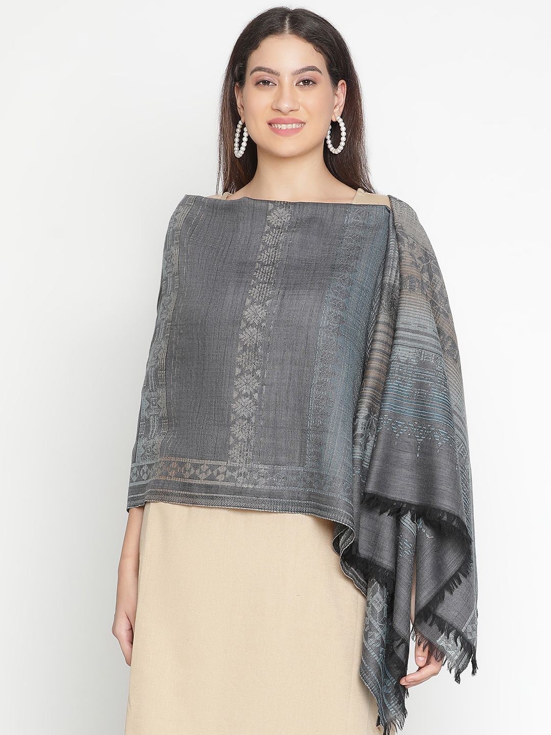 

SHINGORA Ethnic Motifs Woven Design Shawl, Grey