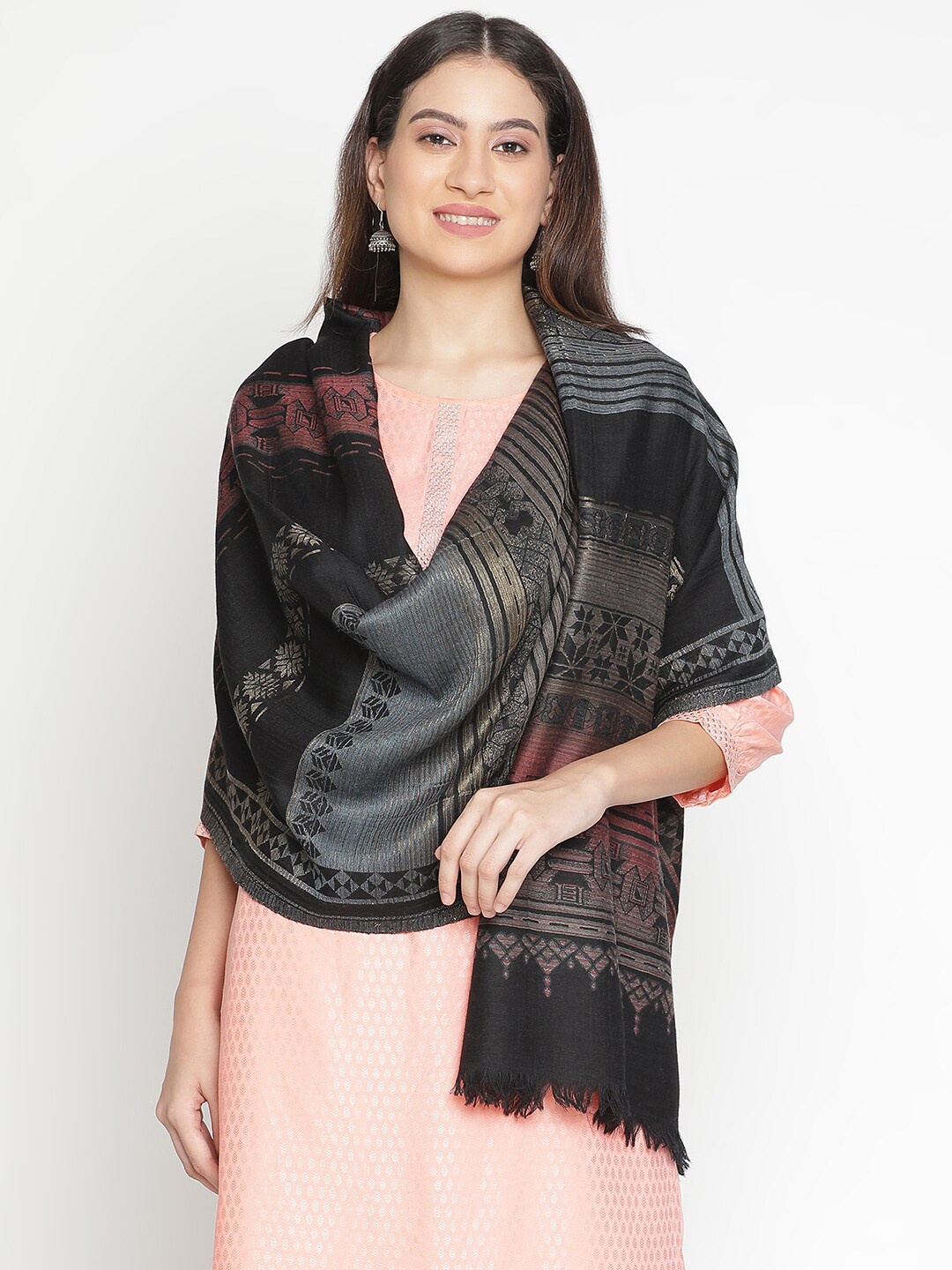 

SHINGORA Ethnic Motifs Woven-Design Woollen Shawl, Black