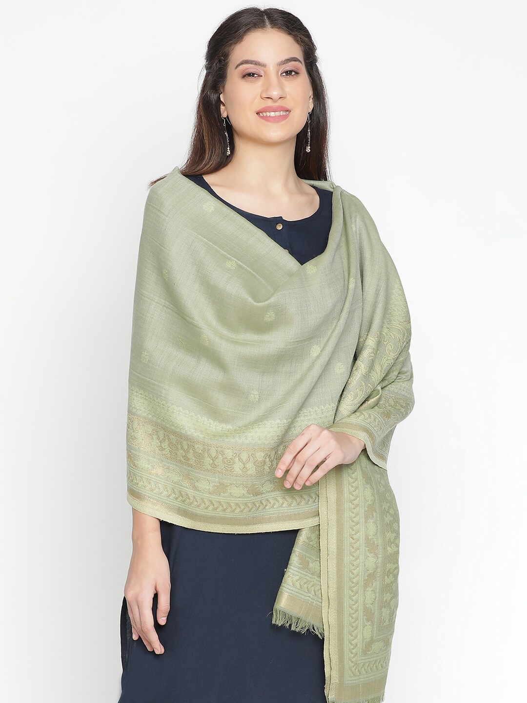 

SHINGORA Floral Woven-Design Woollen Shawl, Green