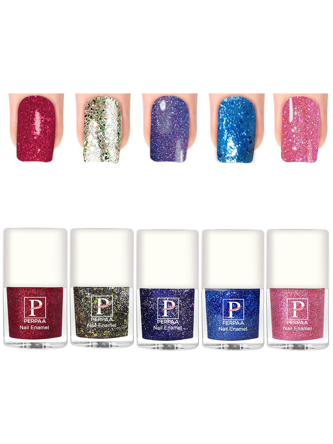 

PERPAA Glitter Light Set Of 5 Flashing Sparkly UV Gel Nail Polish -5ml Each-90-91-92-93-97, Red