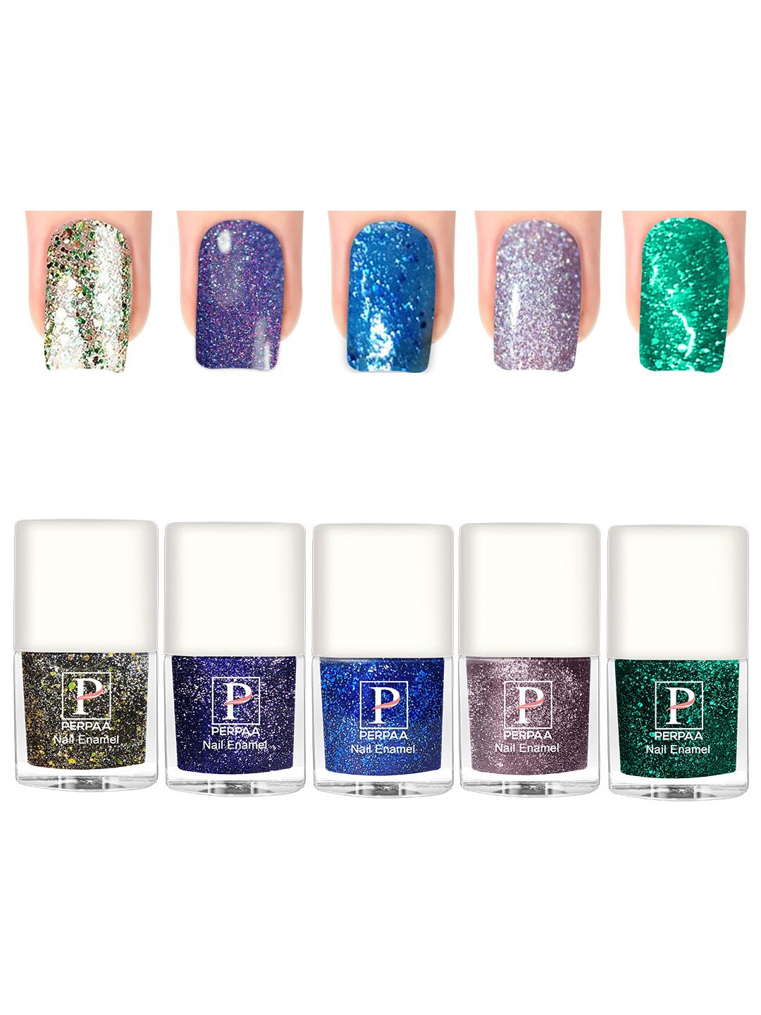 

PERPAA Set Of 5 Glitter Light Flashing Sparkly UV Gel Nail Polish-5ml Each-91-92-93-94-100, Green