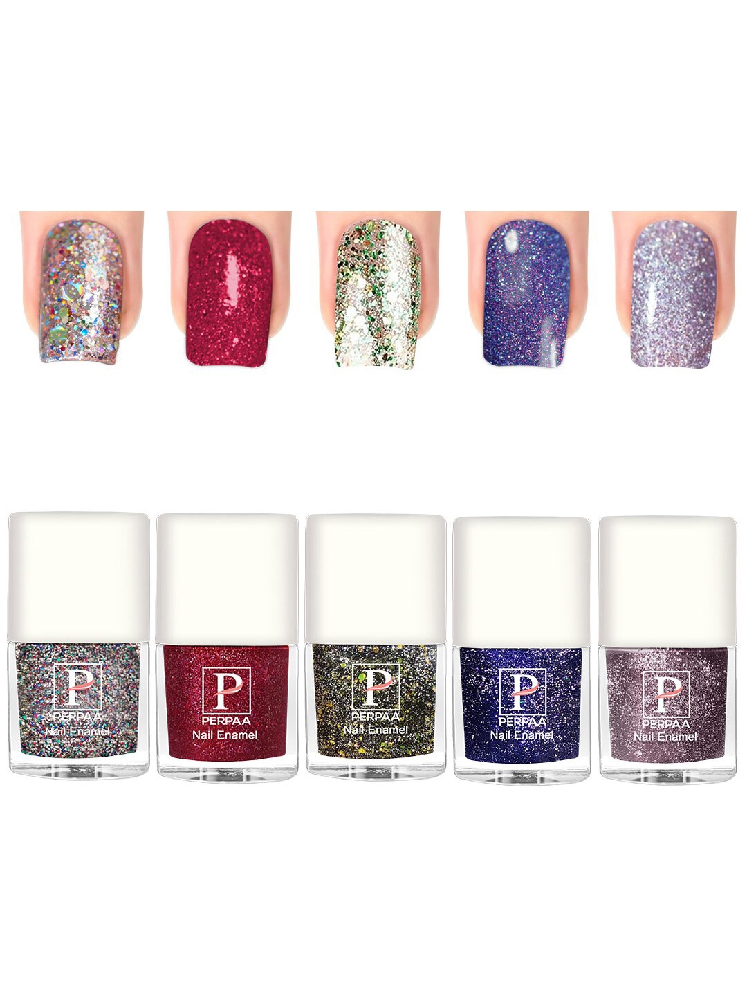 

PERPAA Set Of 5 Glitter Light Reflective UV Gel Sparkly Nail Polish - 5ml Each, Red