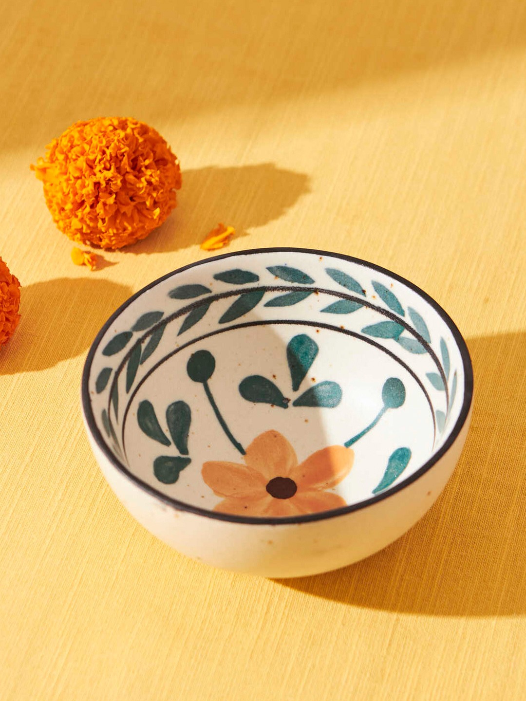 

Chumbak White & Green Handpainted Stoneware Marigold Lentil Bowl
