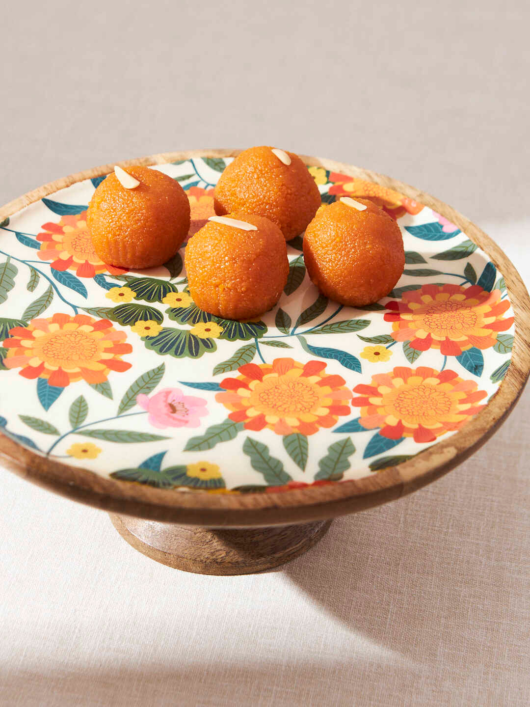 

Chumbak Marigold White Printed Wood Cake Stand