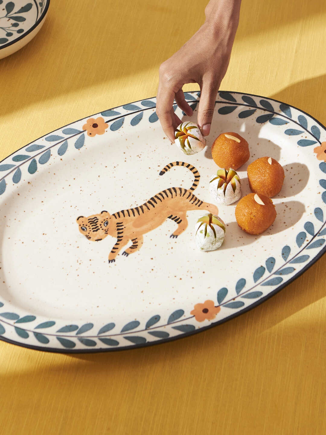 

Chumbak Marigold White & Green Tiger Handpainted Ceramic Large Platter