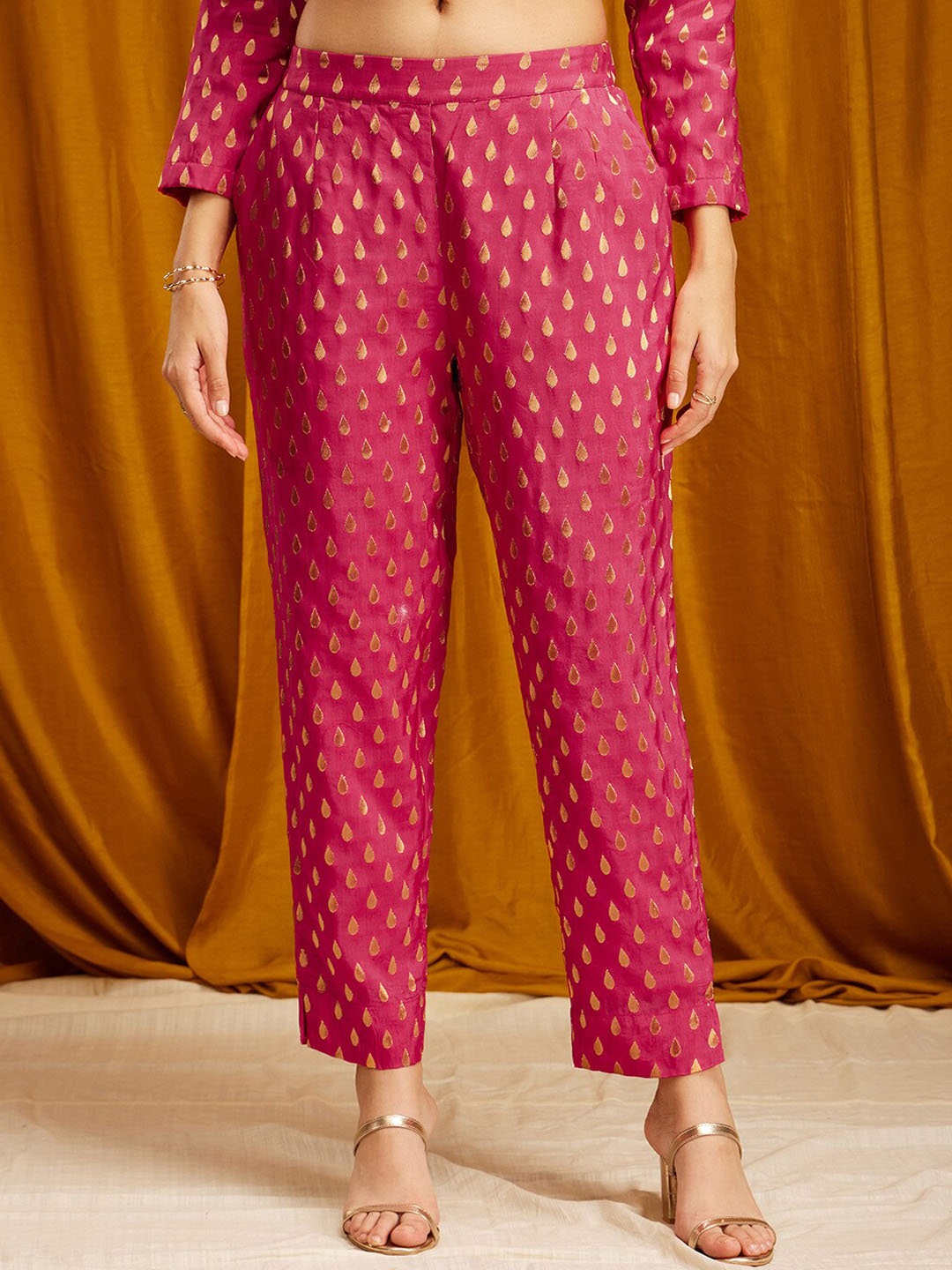 

Pink Fort Women Smart Tapered Fit Self Design Silk Pleated Trousers