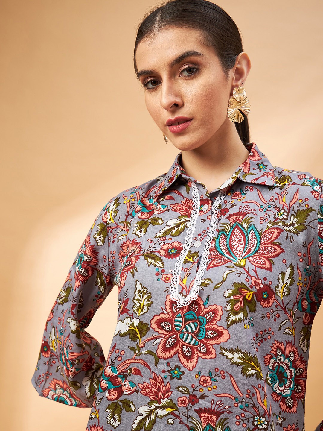 

all about you Ethnic Motifs Printed Pure Cotton Tunic & Trouser, Grey