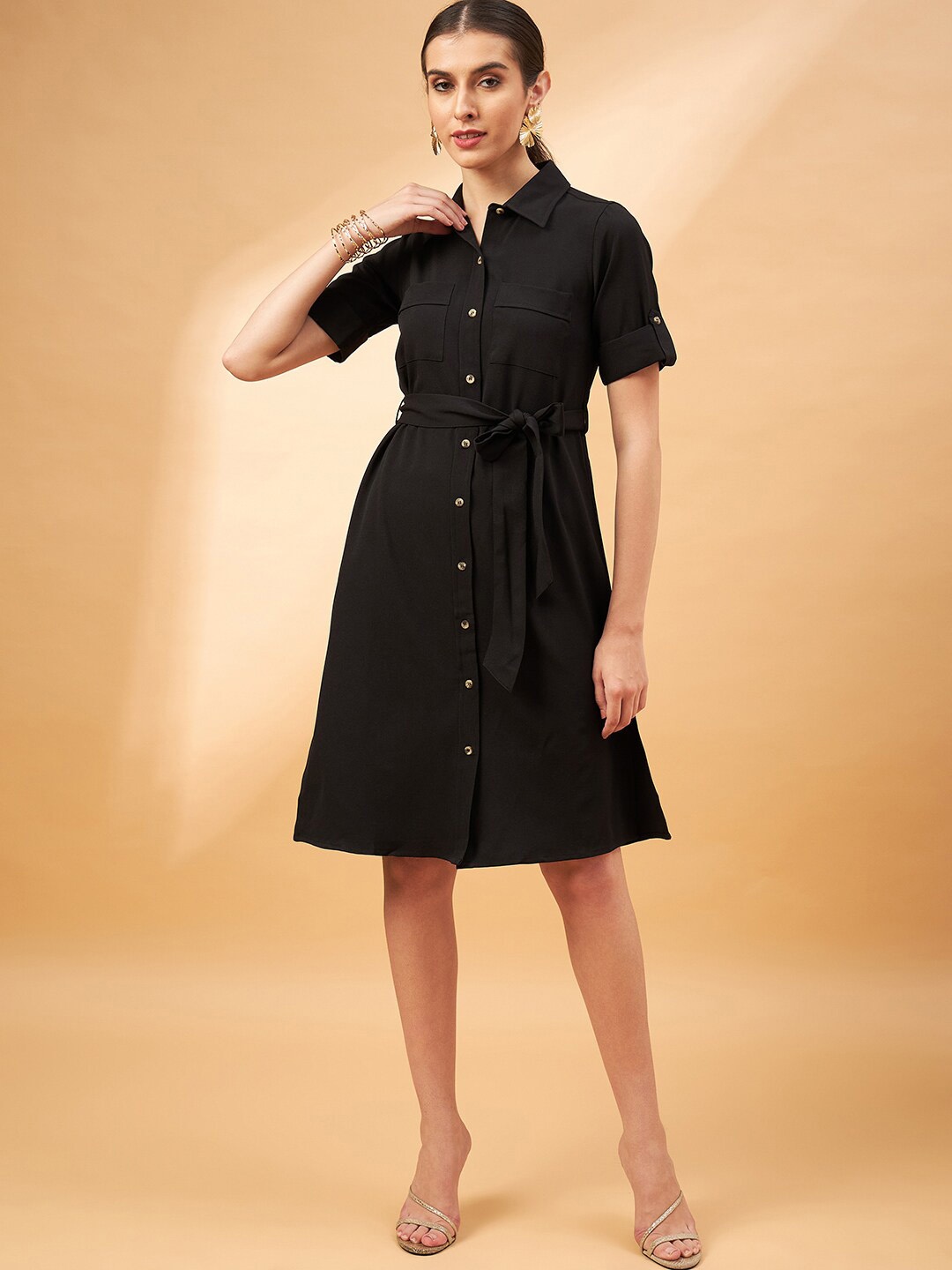 

all about you Black Shirt Collar Roll-Up Sleeve Belted Cotton Shirt Dress