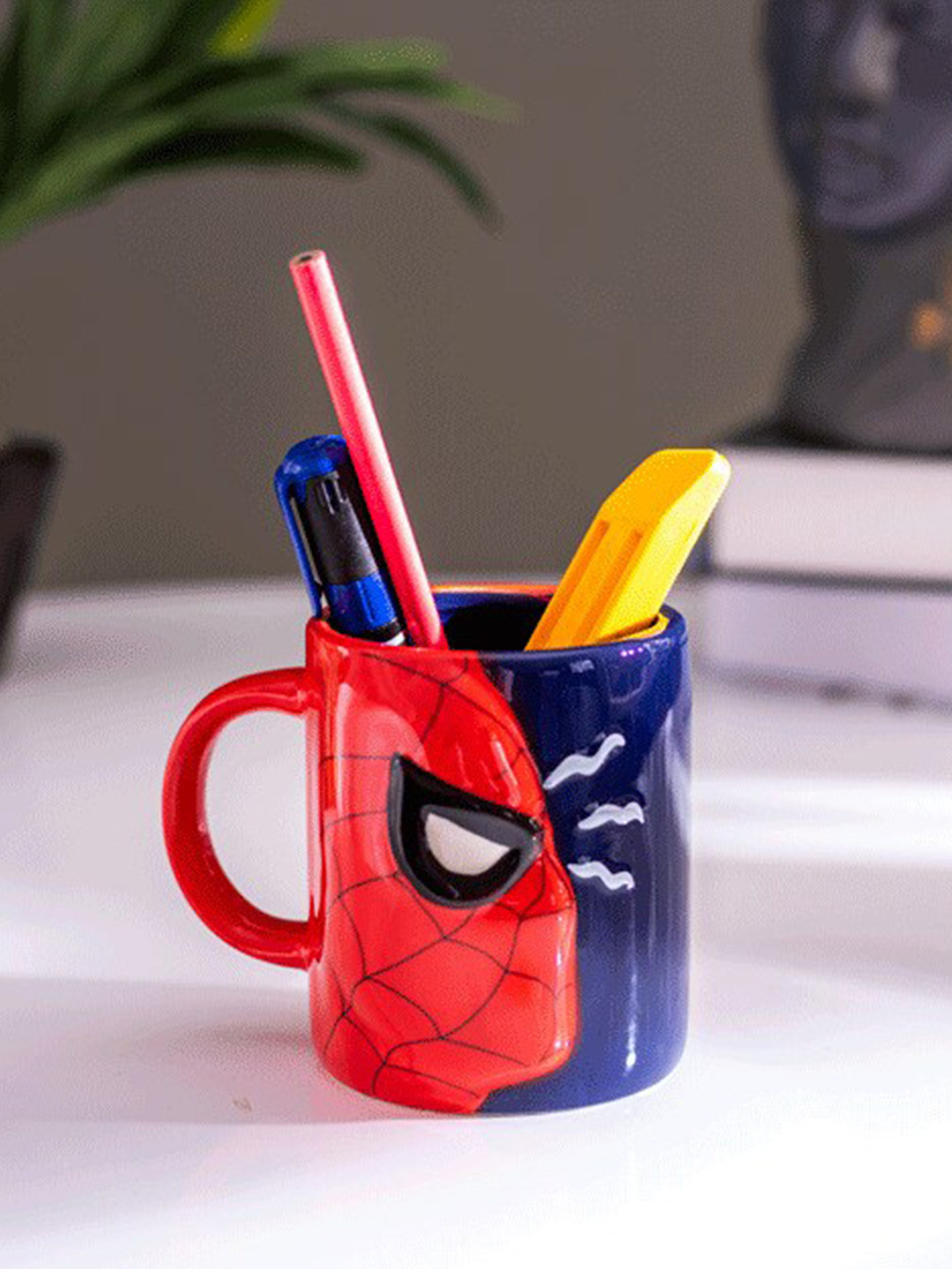 

THEDECORKART Blue & Red Spider-Men Printed Ceramic Pen Stand