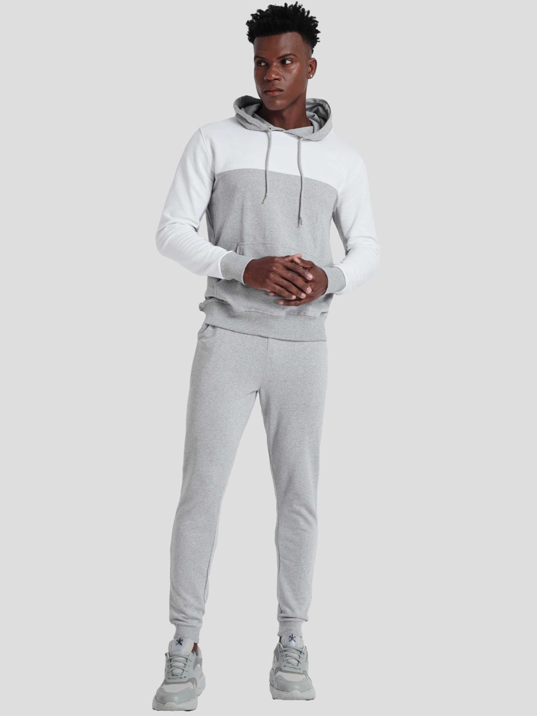 

NOBERO Colourblocked Hooded Pure Cotton Sweatshirt with Joggers, Grey melange