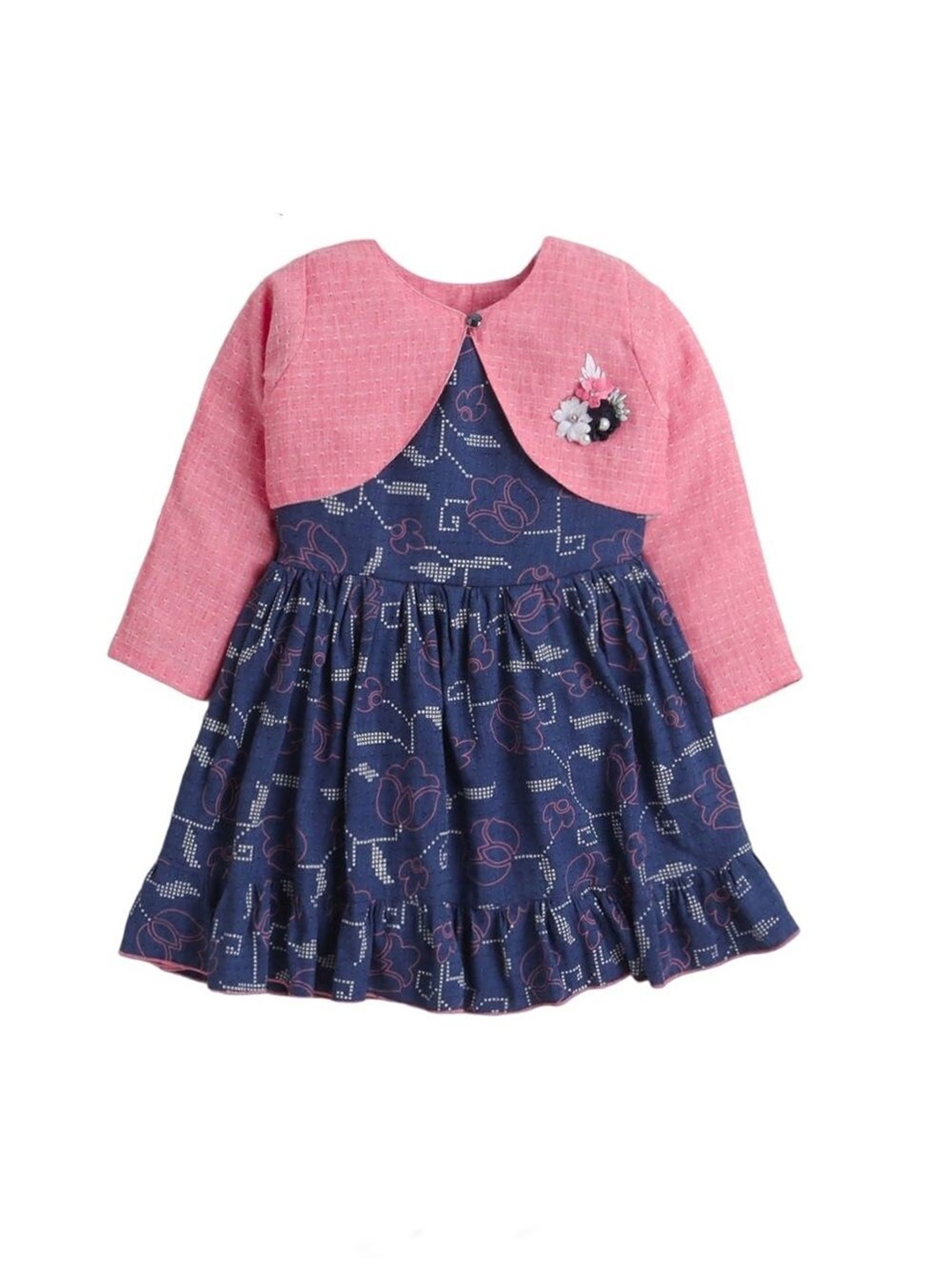 

The Magic Wand Girls Floral Printed Cotton Denim Fit & Flare Dress With Shrug, Navy blue