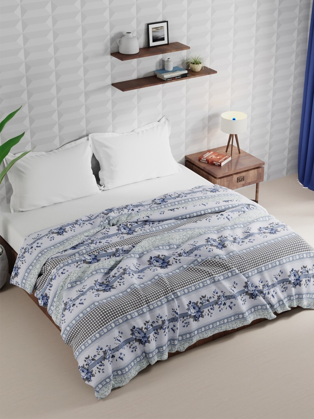 

BIANCA Rumba Blue & White Checked Microfiber AC Room 120 GSM Double Bed Comforter