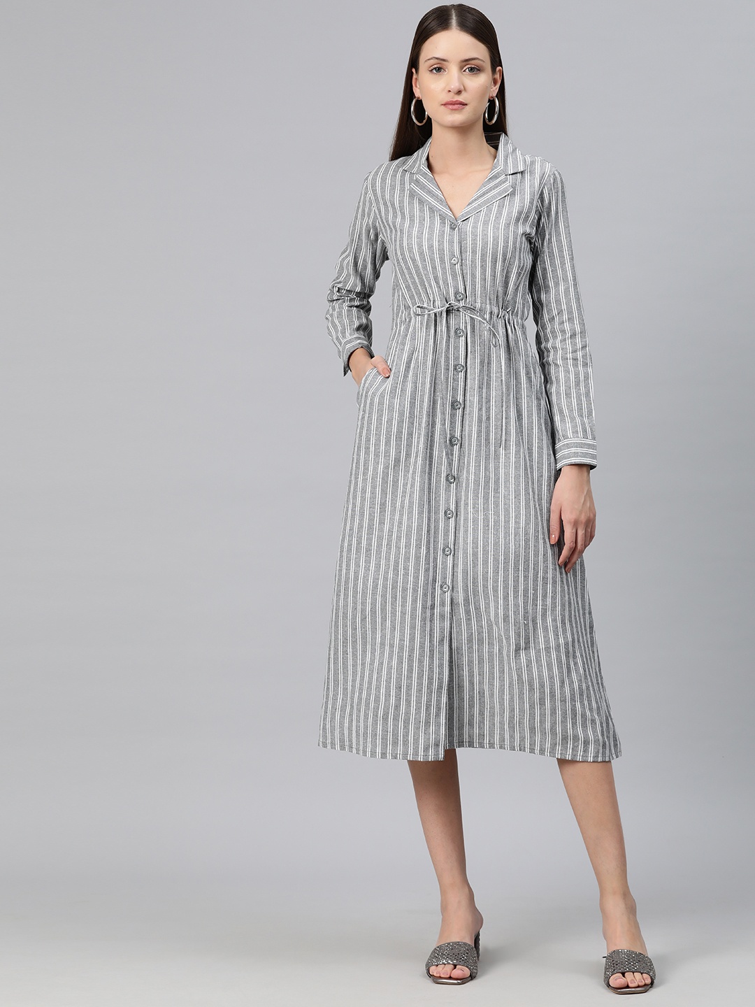 

Cottinfab Striped Shirt Midi Dress with Tie-Up Detail, Grey