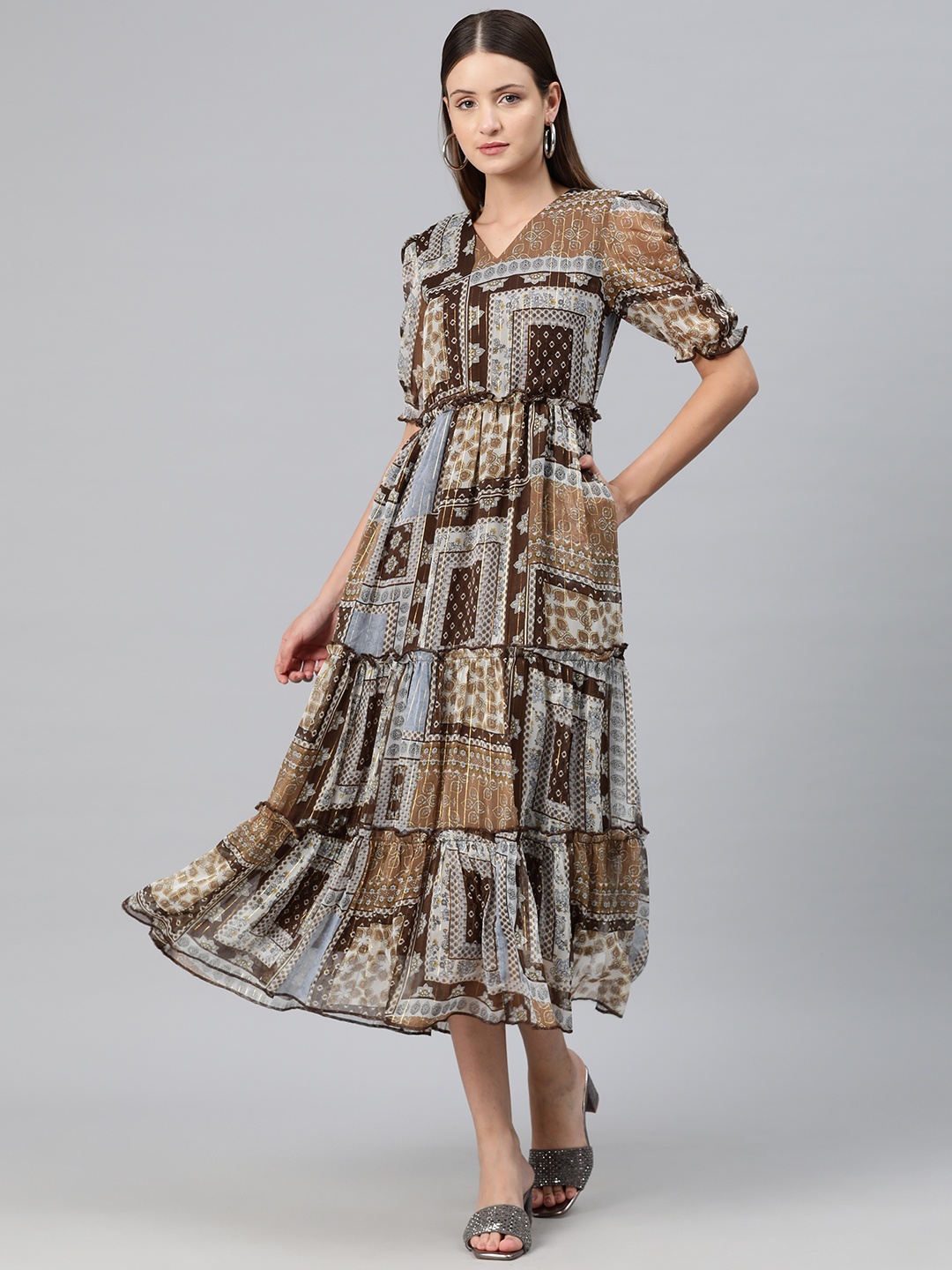 

Cottinfab Ethnic Motifs Print Puff Sleeve Ruffled Georgette Fit & Flare Midi Dress, Brown