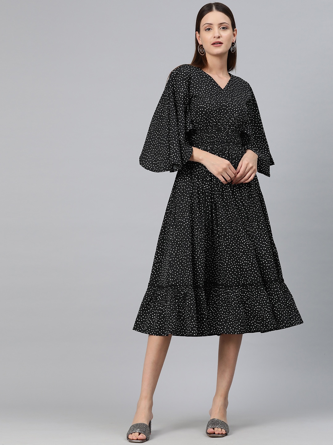 

Cottinfab Polka Dot Print Flared Sleeve Crepe A-Line Midi Dress, Black