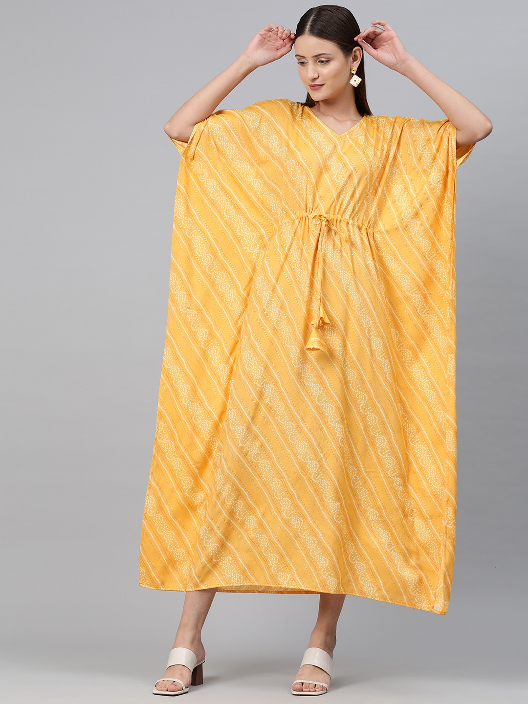 

Cottinfab Ethnic Motifs Print Kimono Sleeve Kaftan Maxi Dress, Yellow