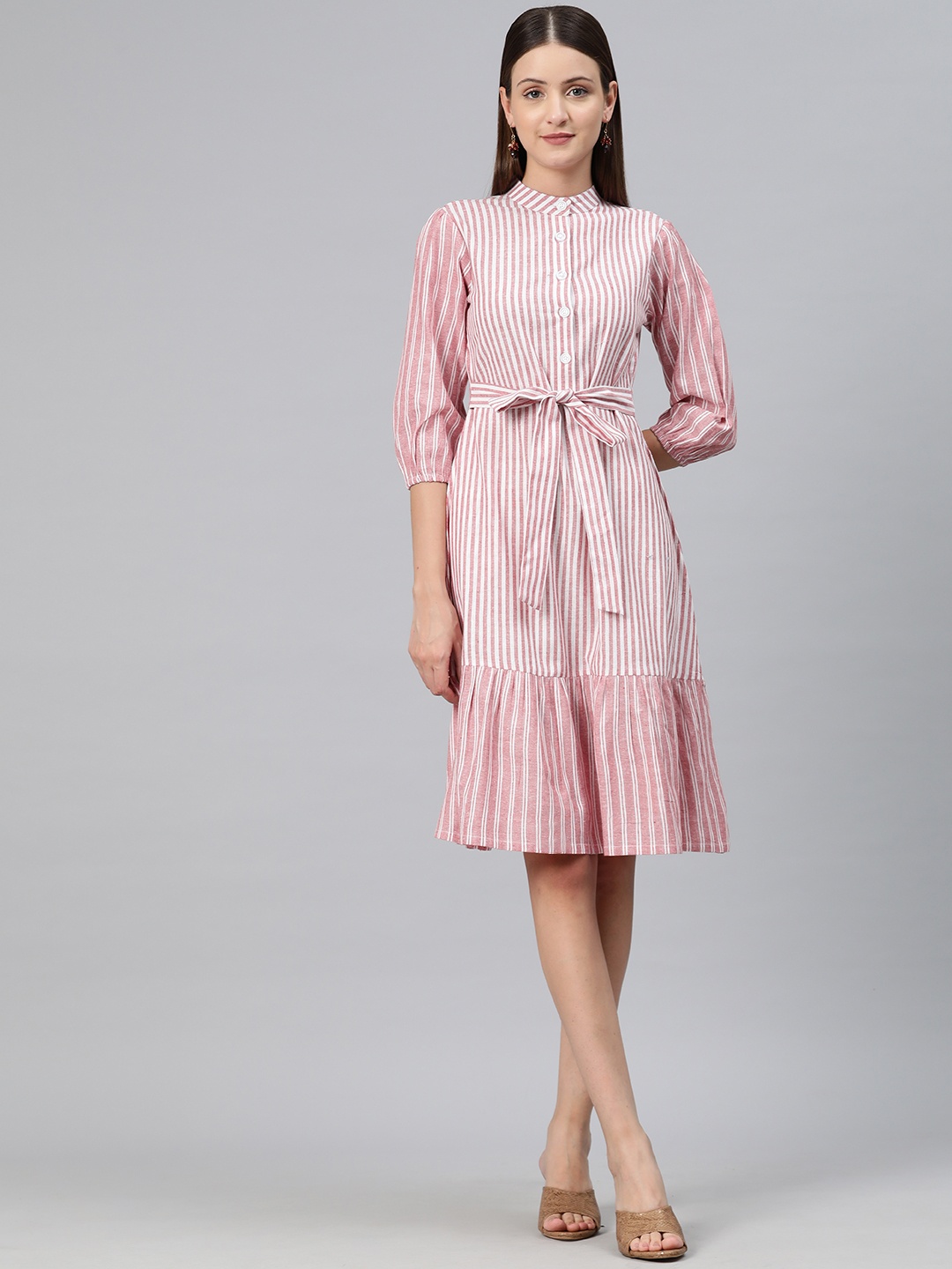 

Cottinfab Striped Puff Sleeve A-Line Dress, Pink