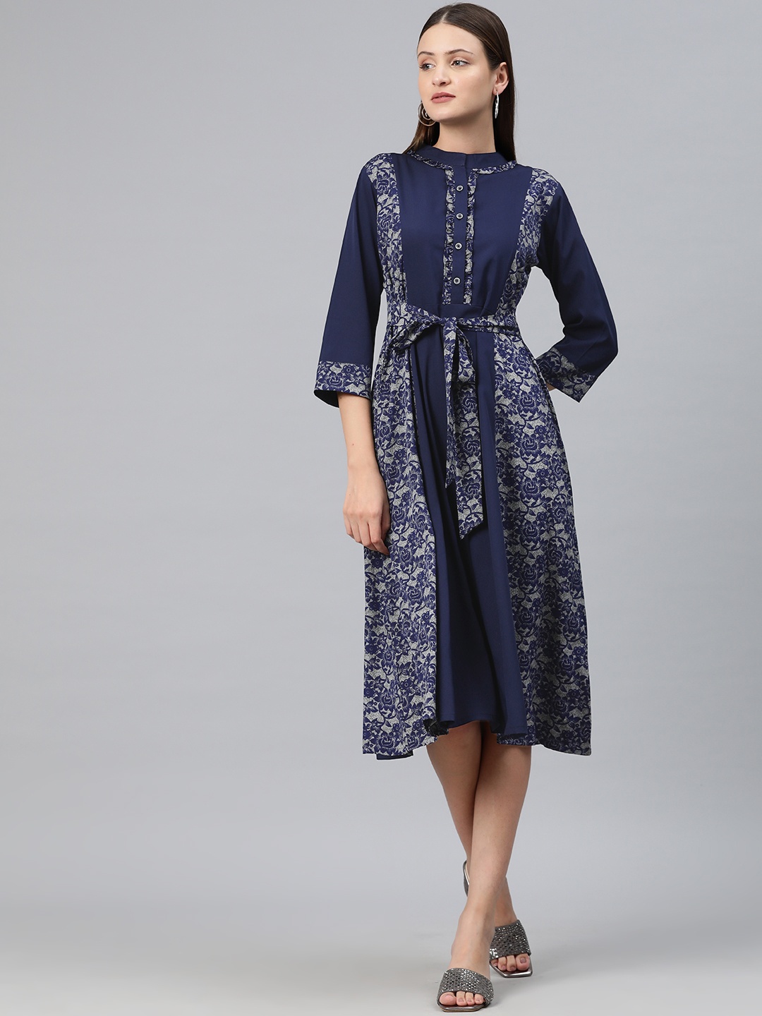 

Cottinfab Floral Print Ruffled Crepe A-Line Midi Dress, Navy blue