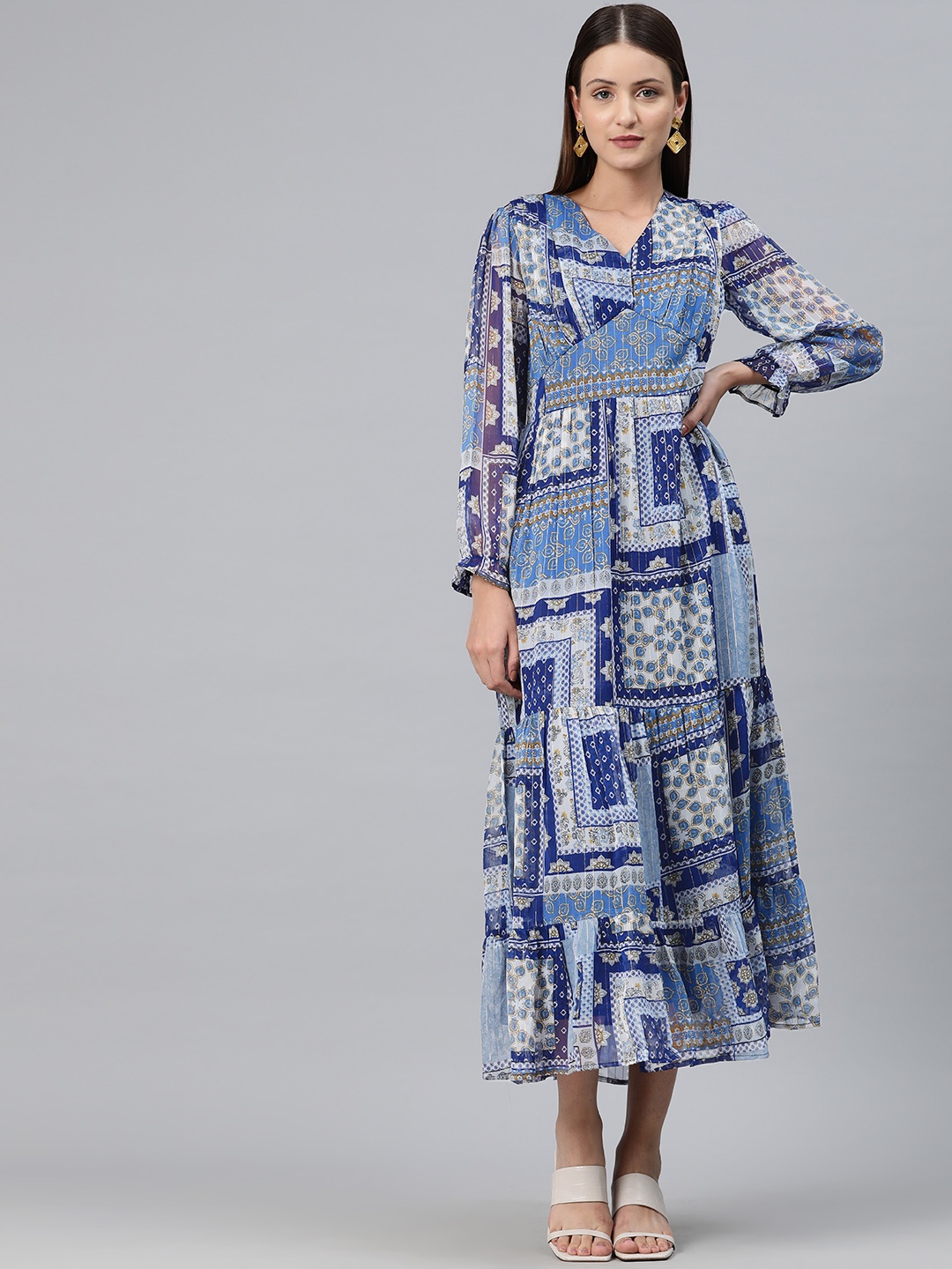 

Cottinfab Print Puff Sleeve Ruffled Georgette A-Line Midi Dress, Blue