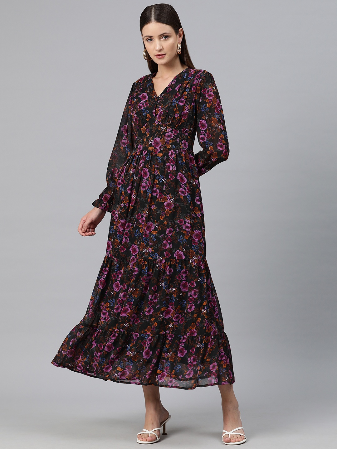 

Cottinfab Floral Print Bell Sleeve Georgette A-Line Maxi Dress, Black