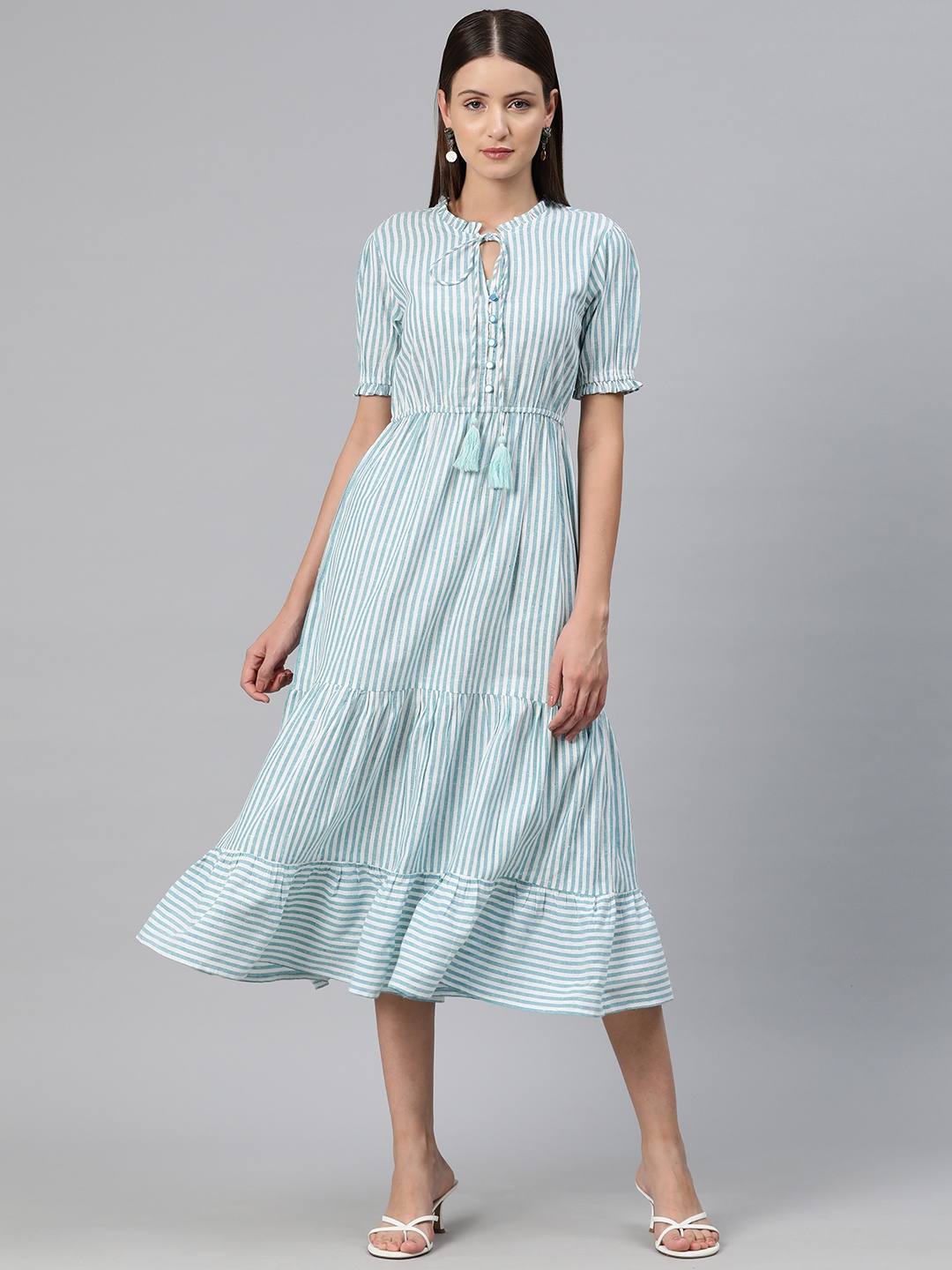 

Cottinfab Striped Tie-Up Neck A-Line Midi Dress, Turquoise blue