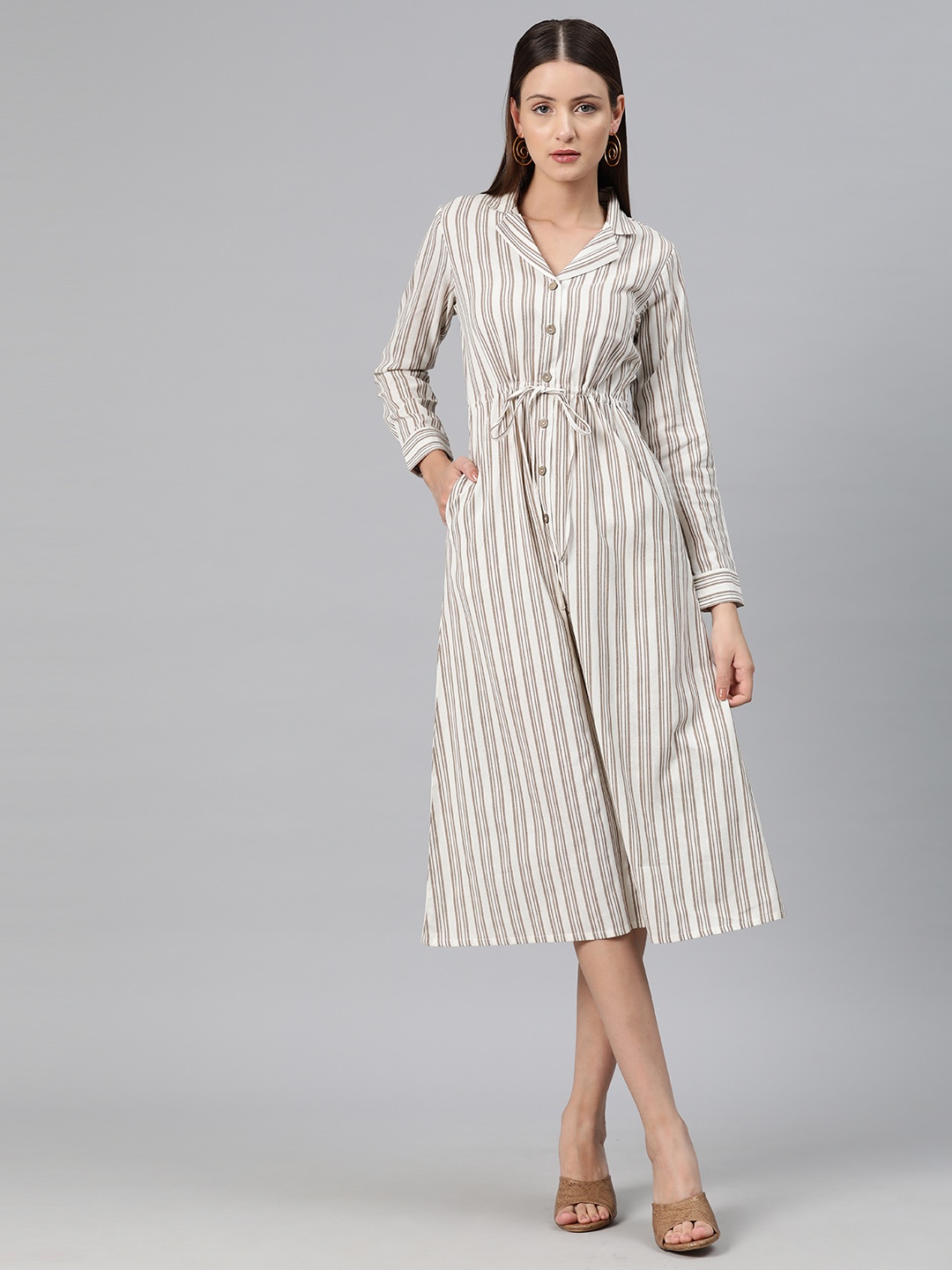 

Cottinfab Striped Shirt Midi Dress, Beige