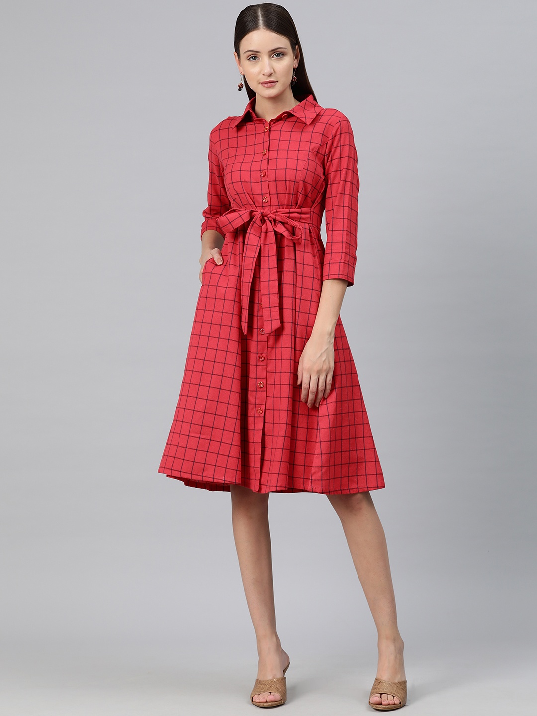 

Cottinfab Checked Shirt Dress, Red