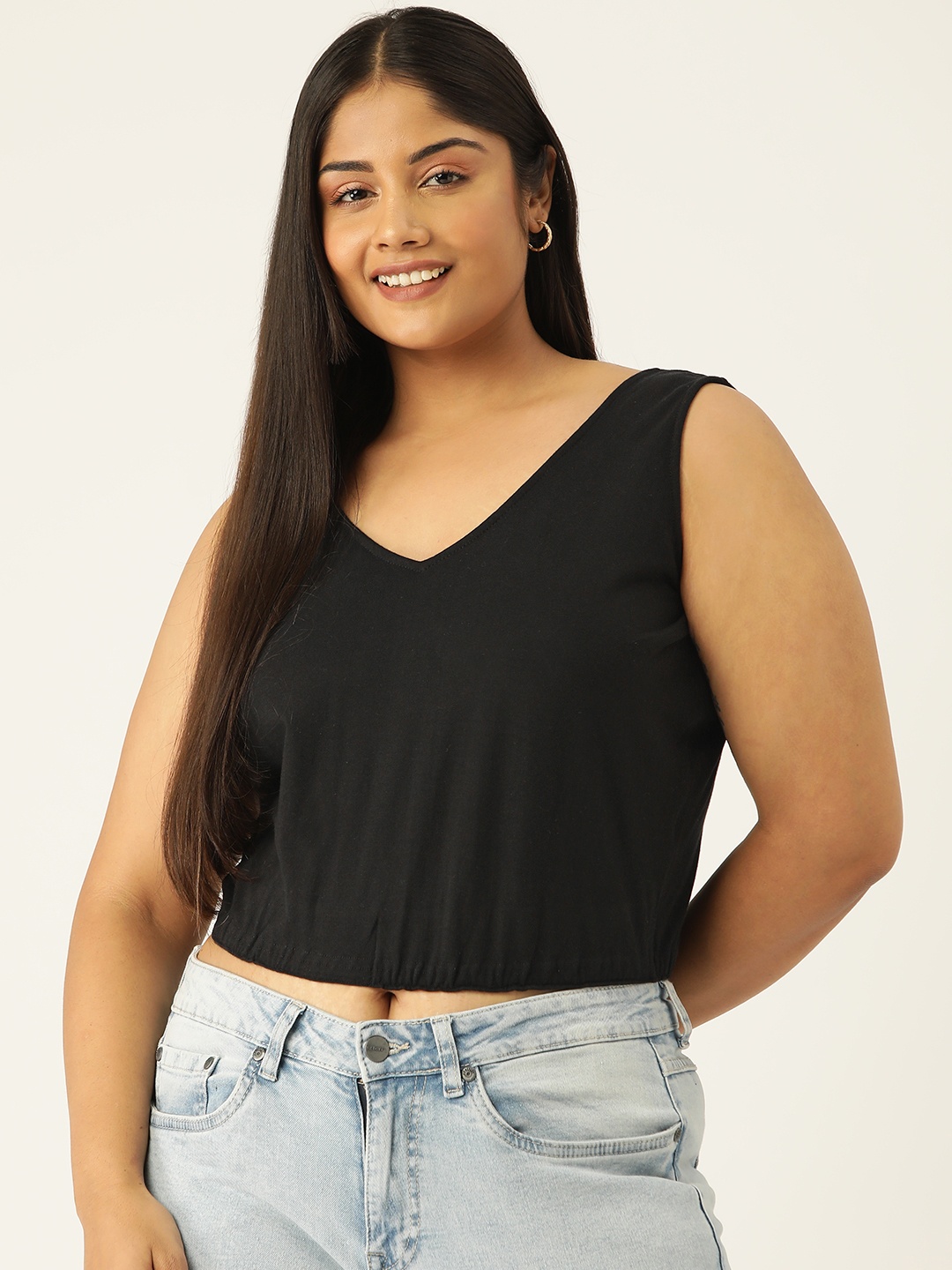 

theRebelinme Women Plus Size Solid Crop Top, Black