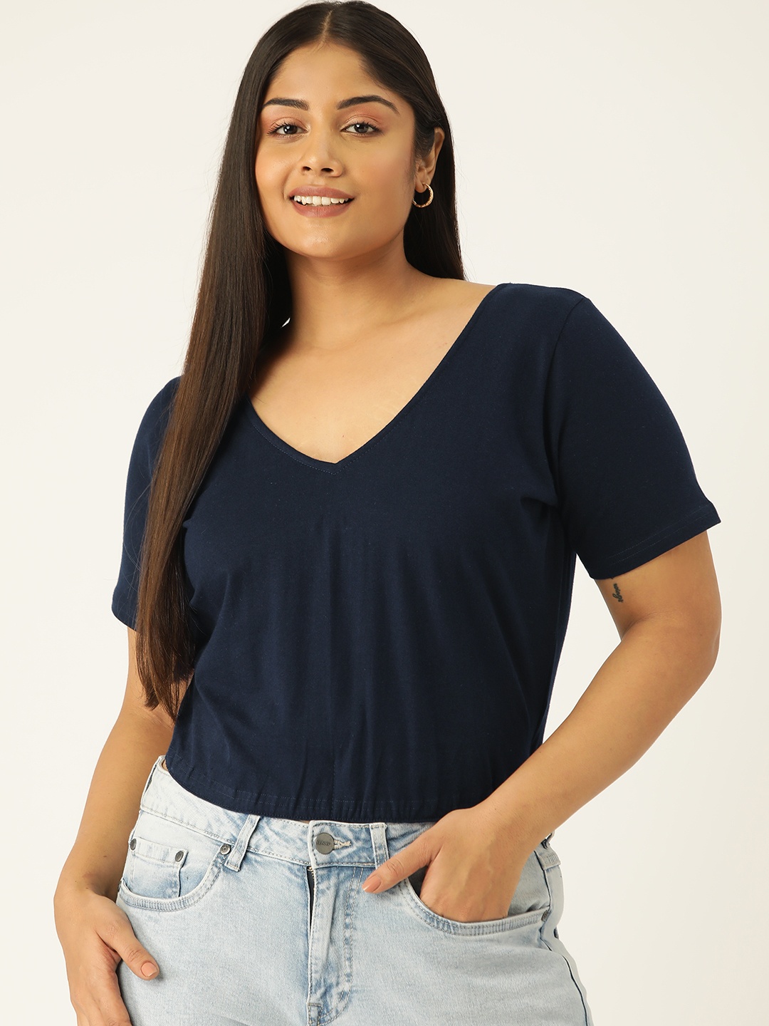 

theRebelinme Women Plus Size Solid Indigo Crop Top, Navy blue
