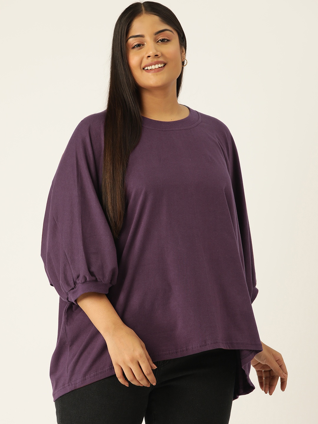 

theRebelinme Women Plus Size Solid Puff Sleeve Cotton Longline Top, Purple