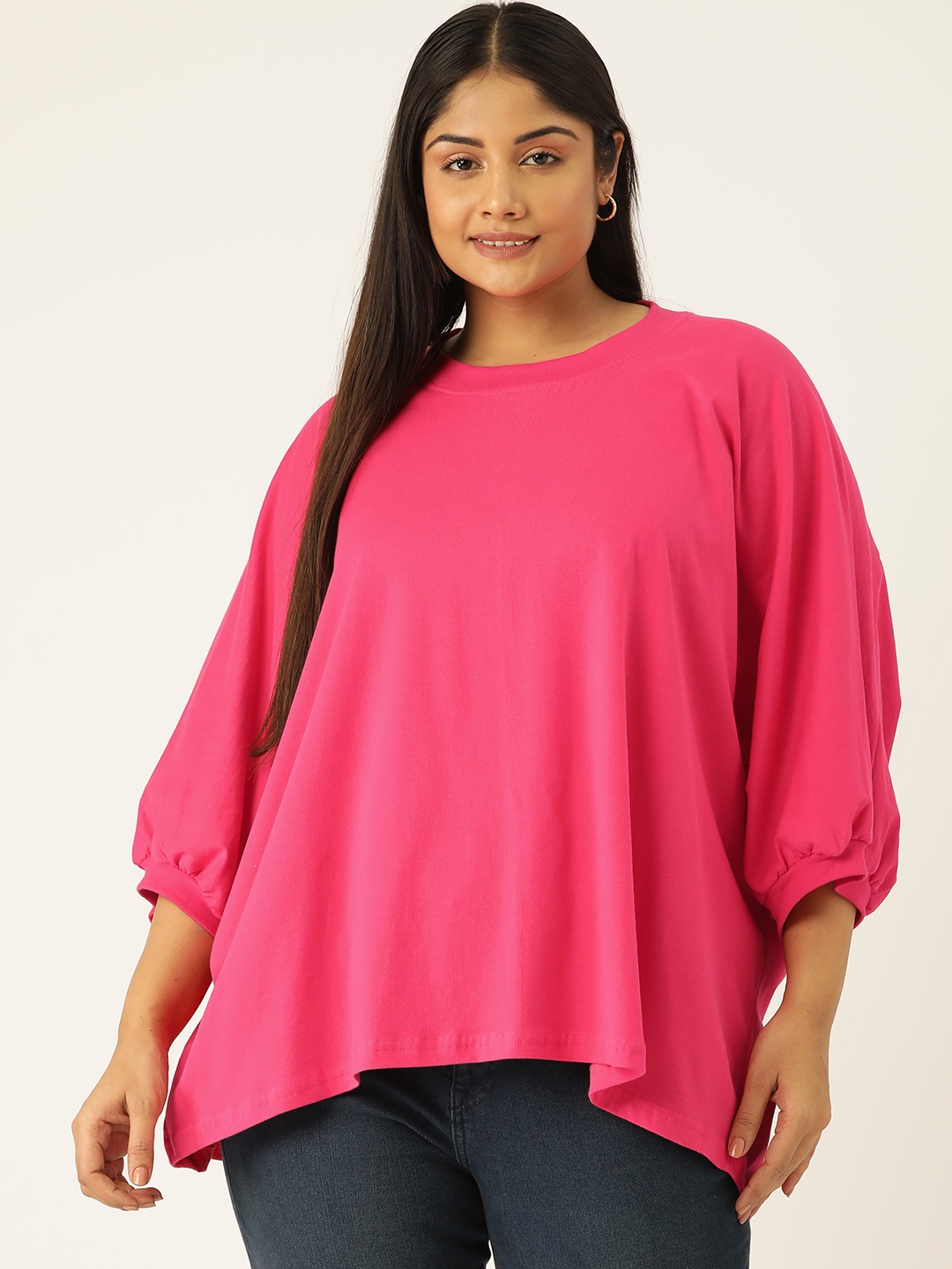 

theRebelinme Women Plus Size Solid Puff Sleeve Cotton Longline Top, Fuchsia