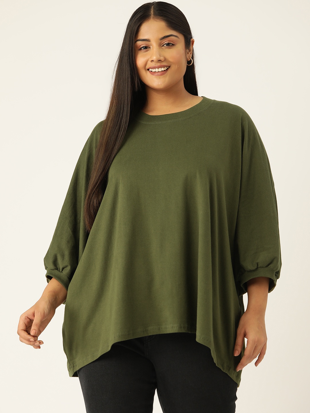 

theRebelinme Women Plus Size Solid Puff Sleeve Cotton Longline Top, Olive