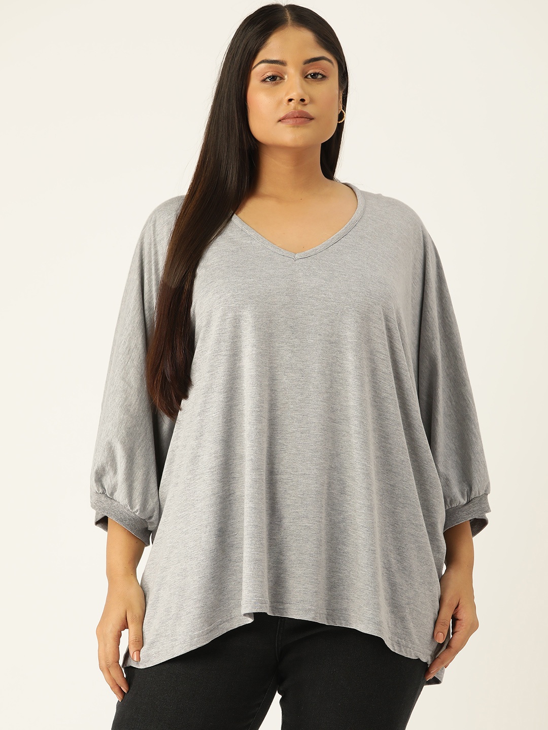 

theRebelinme Women Plus Size Solid Puff Sleeve Cotton Longline Top, Grey