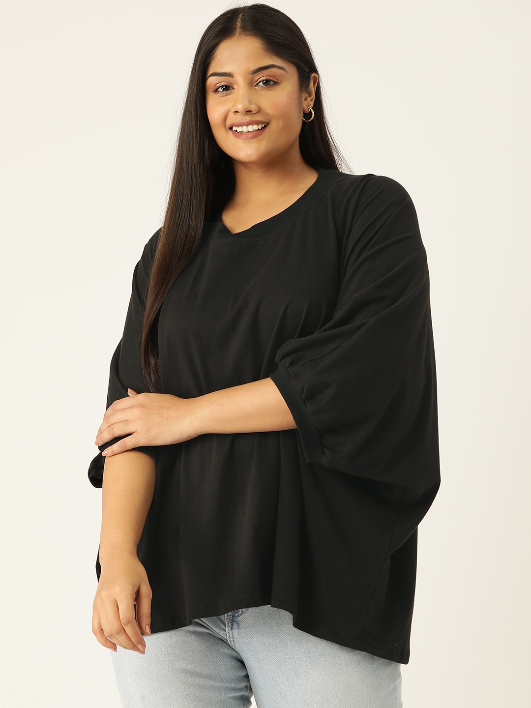 

theRebelinme Women Plus Size Solid Puff Sleeve Cotton Longline Top, Black