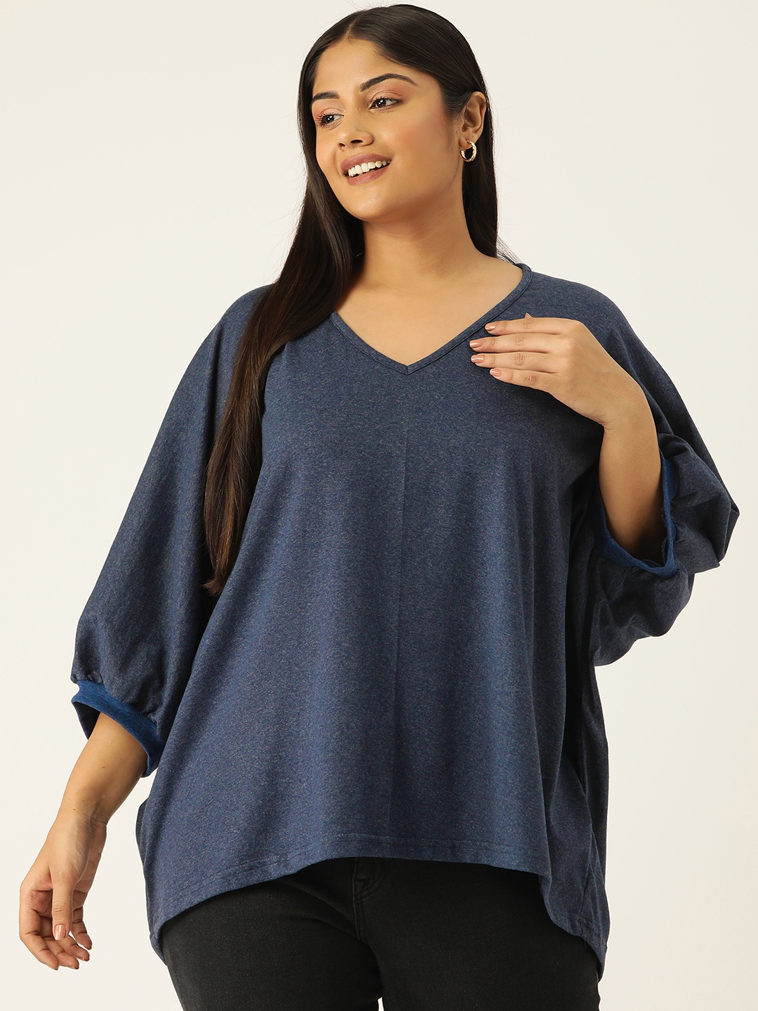 

theRebelinme Plus Size Batwing Sleeves Pure Cotton Longline Top, Blue